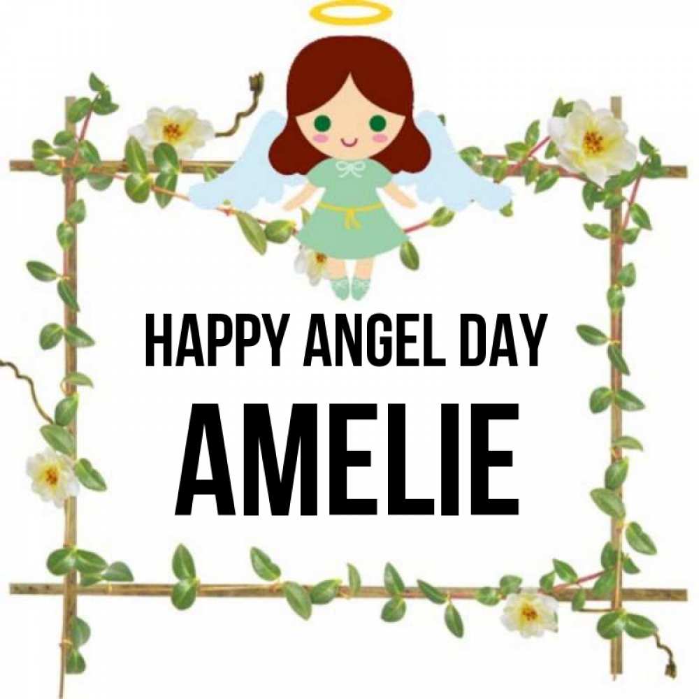Greetings card с именем, Amelie happy angel day Ангел с нимбом Greetings with text for free download 