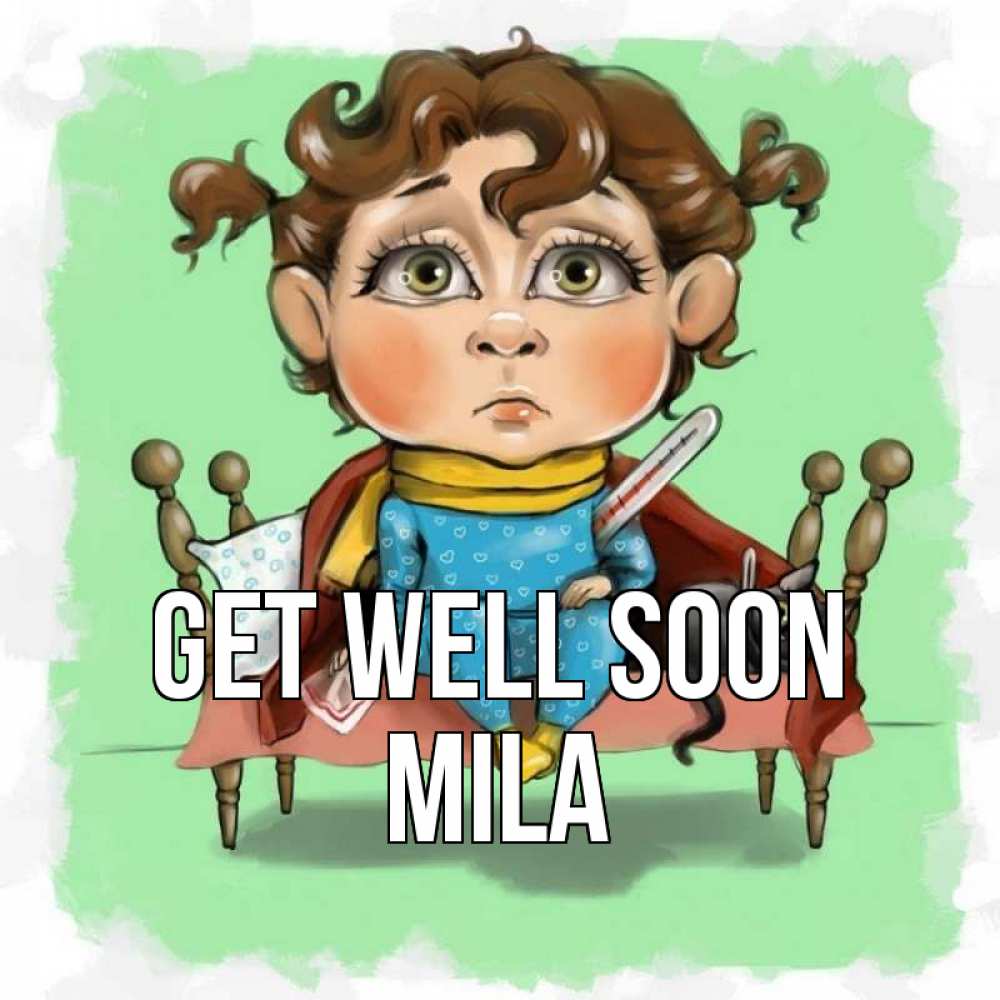 Greetings card с именем, Mila Get well soon лежит с котом и градусниками Greetings with text for free download 
