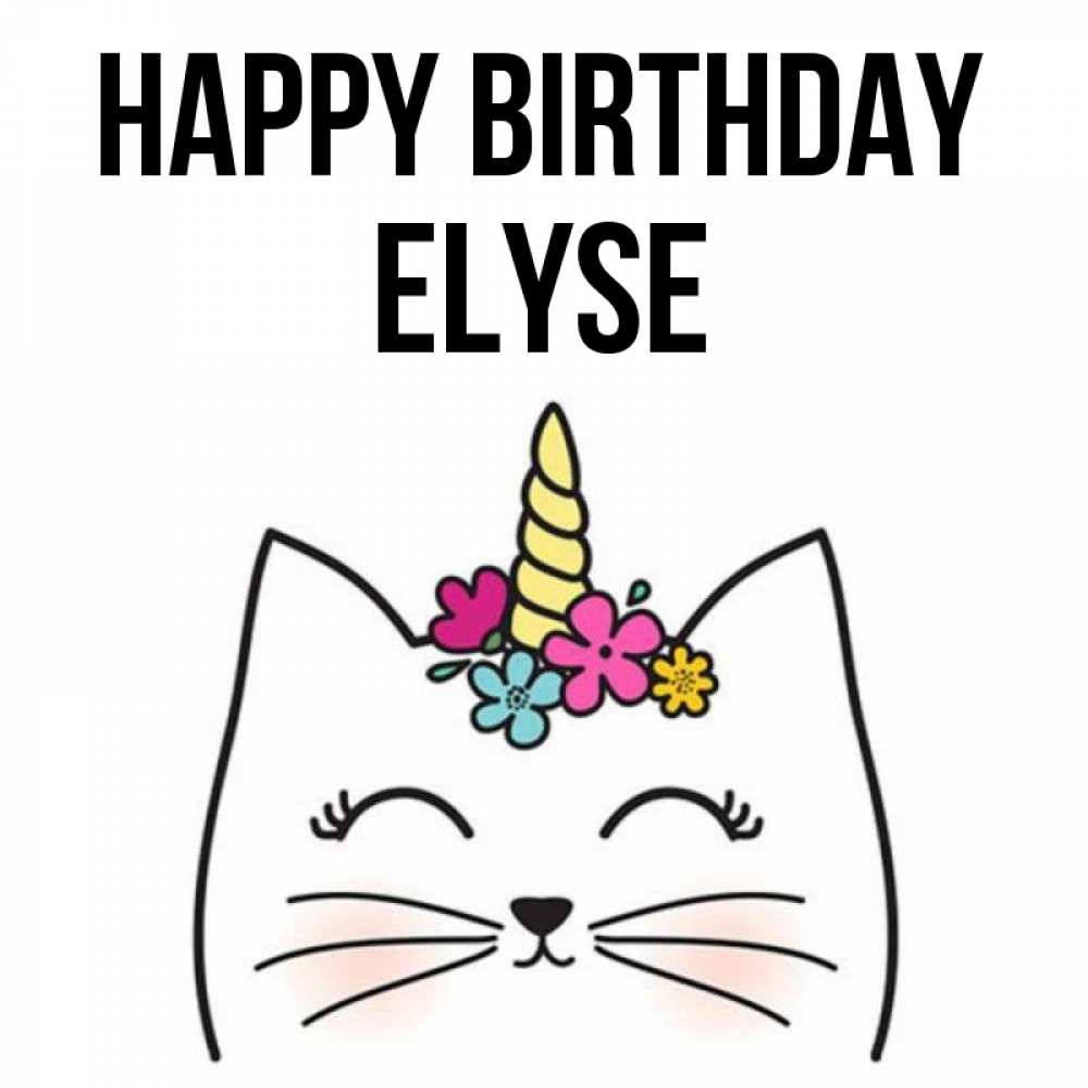 Greetings card с именем, Elyse Happy Birthday милый кот с одним рожком Greetings with text for free download 