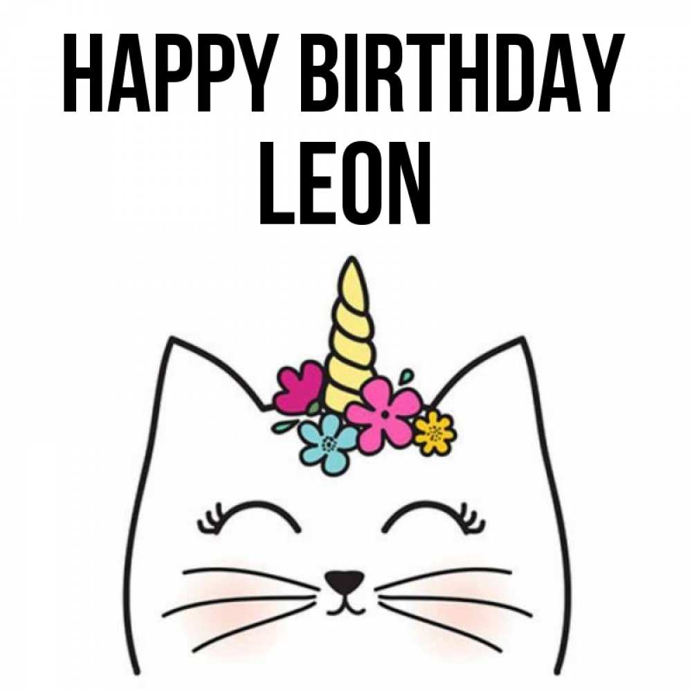 Greetings card с именем, Leon Happy Birthday милый кот с одним рожком Greetings with text for free download 