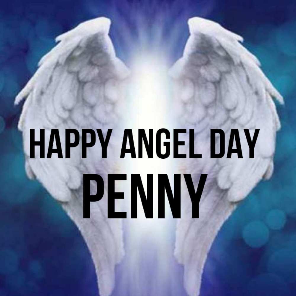 Greetings card с именем, Penny happy angel day синий фон и крылышки Greetings with text for free download 