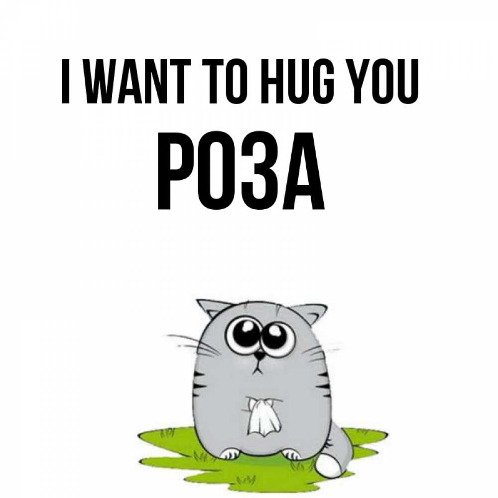 Greetings card с именем, РОЗА I want to hug you котик теребит платочек сидя на травке Greetings with text for free download 