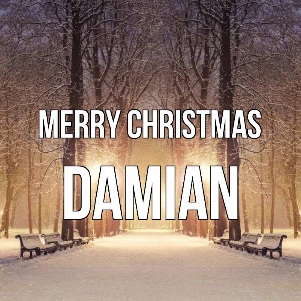 Greetings card с именем, Damian Merry Christmas зима, парк, фонарь, лес Greetings with text for free download 