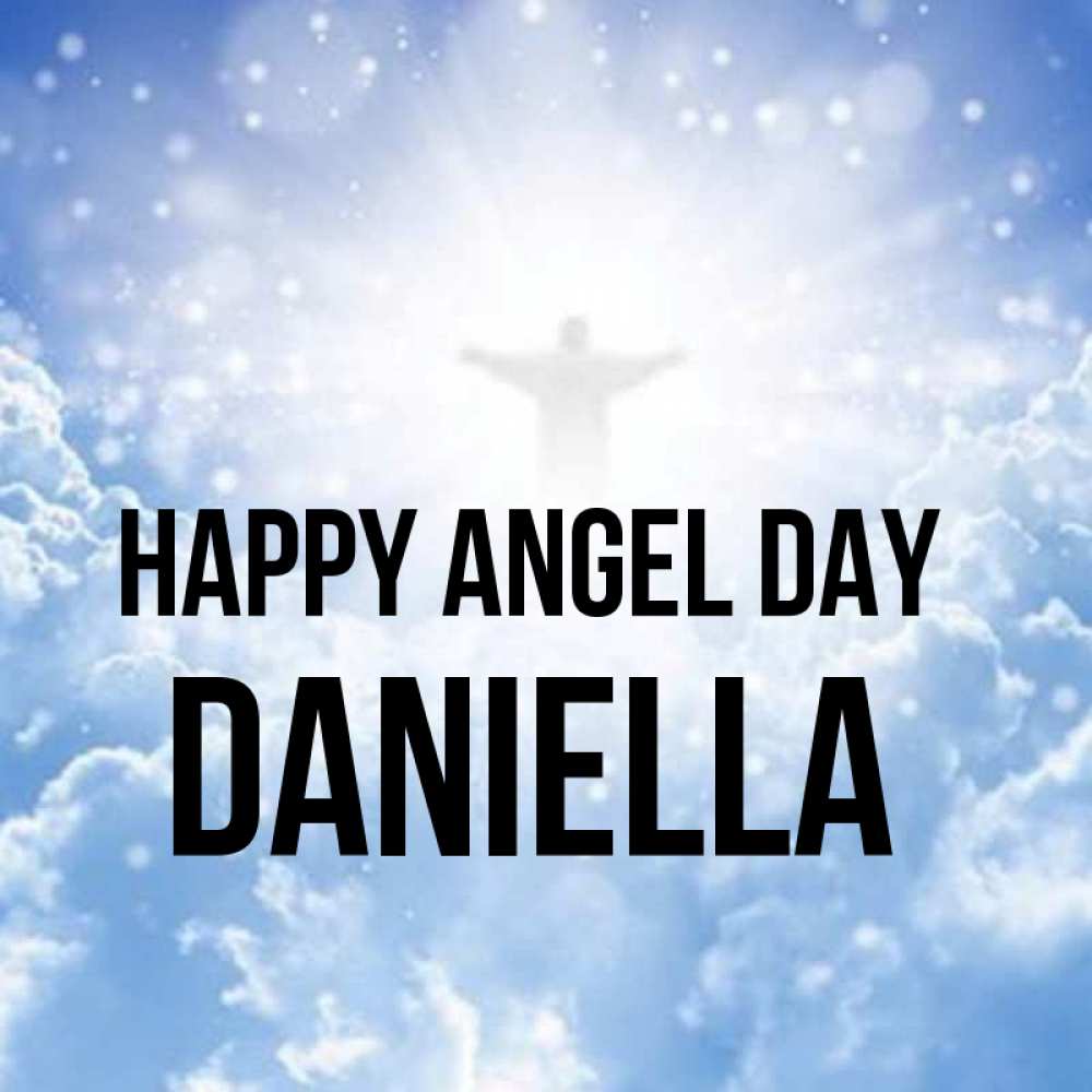 Greetings card с именем, Daniella happy angel day ангел на облаках в свете солнца Greetings with text for free download 