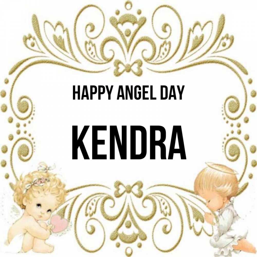Greetings card с именем, Kendra happy angel day с именинами поздравляют два красивых ангела. Один с сердечком другой молится Greetings with text for free download 