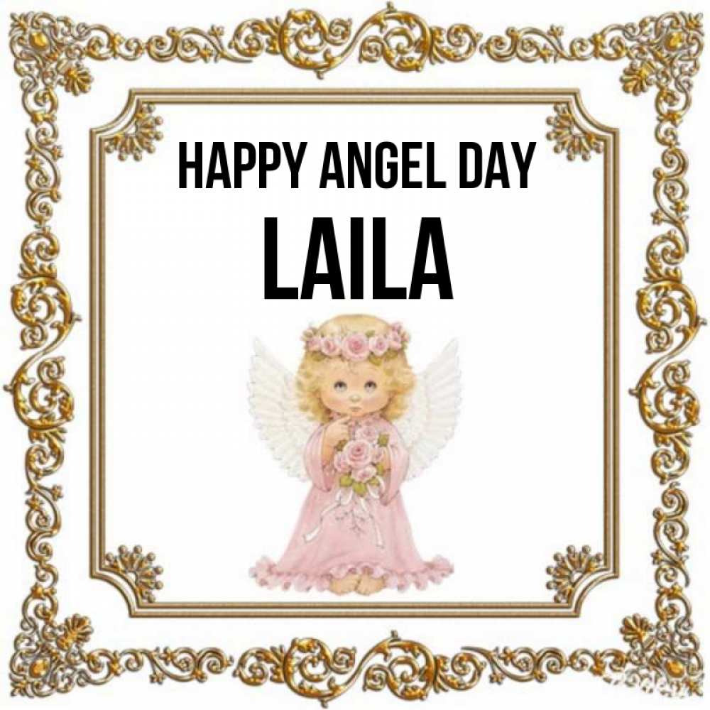 Greetings card с именем, Laila happy angel day девочка ангел с крыльями и цветами в розовом платье Greetings with text for free download 