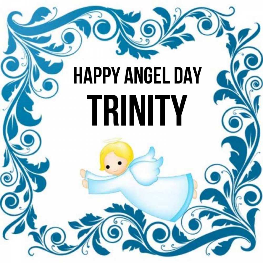 Greetings card с именем, Trinity happy angel day девочка ангел и синяя рамка Greetings with text for free download 