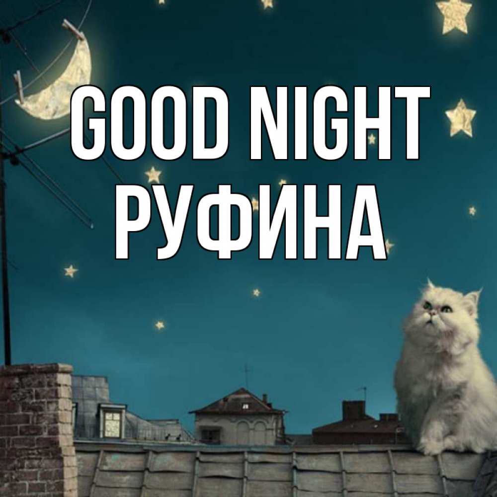 Greetings card с именем, Руфина Good night белый кот сидит на крыше Greetings with text for free download 