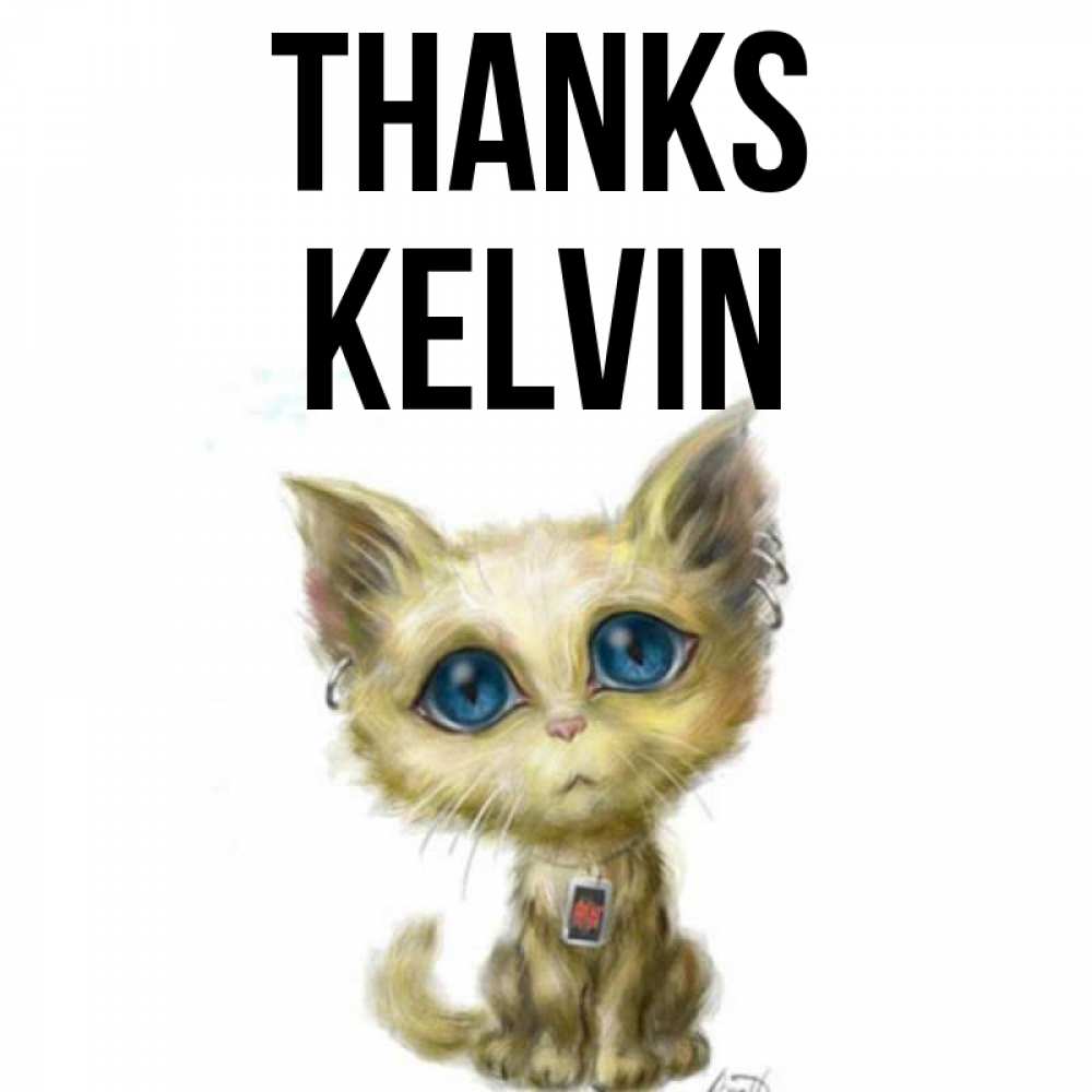 Greetings card с именем, Kelvin Thanks рисованный кот благодарит вас Greetings with text for free download 
