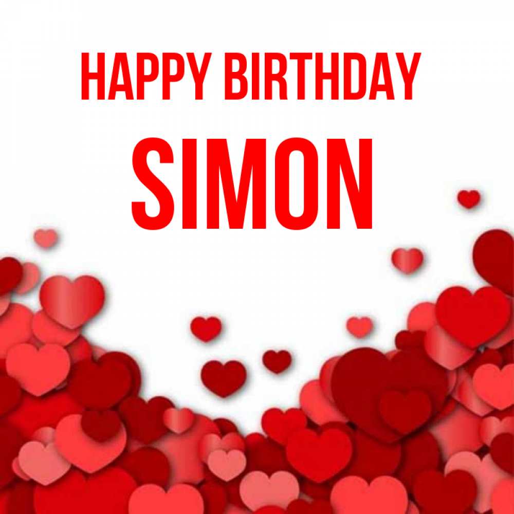 Greetings card с именем, Simon Happy Birthday много красных сердечек о любви Greetings with text for free download 