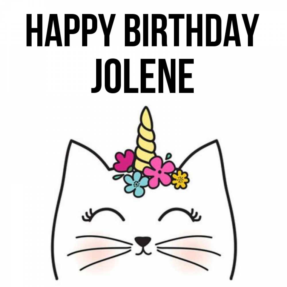 Greetings card с именем, Jolene Happy Birthday милый кот с одним рожком Greetings with text for free download 