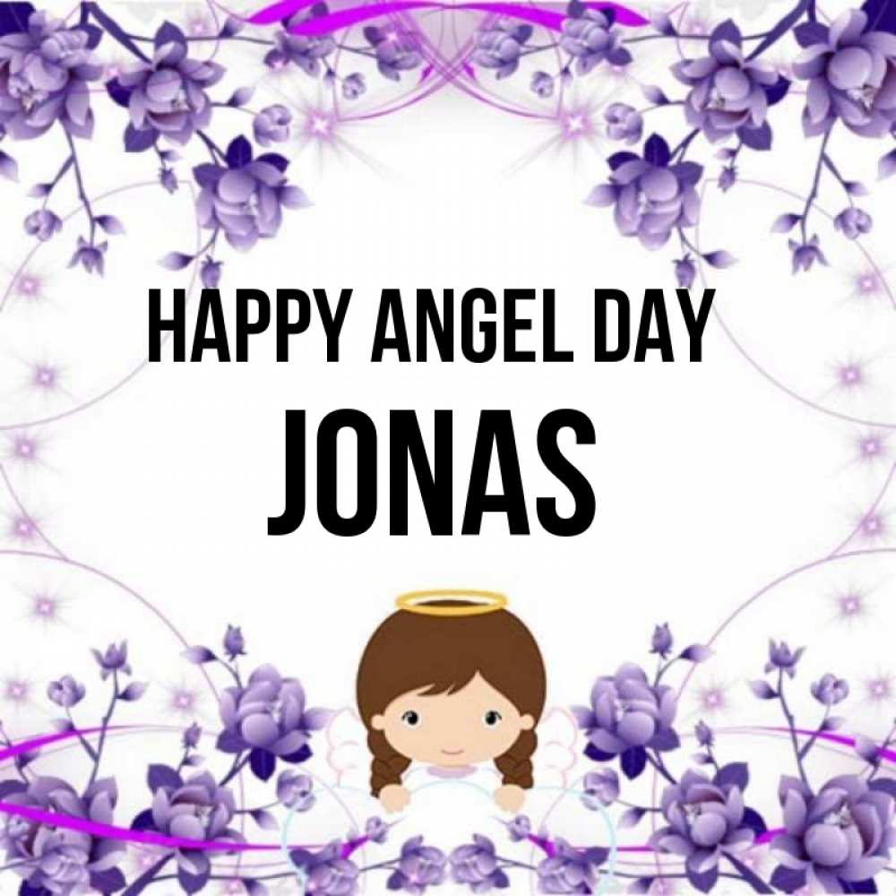 Greetings card с именем, Jonas happy angel day с именинами в рамочке Greetings with text for free download 