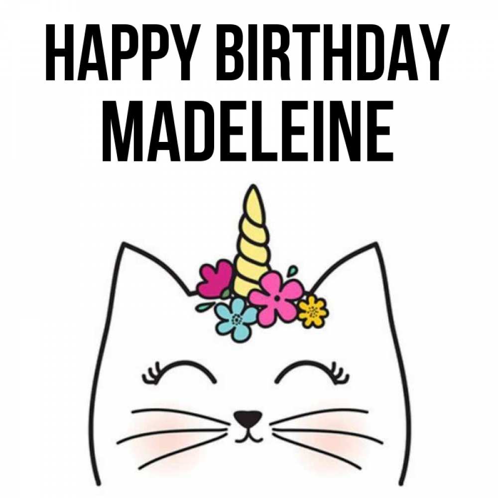 Greetings card с именем, Madeleine Happy Birthday милый кот с одним рожком Greetings with text for free download 