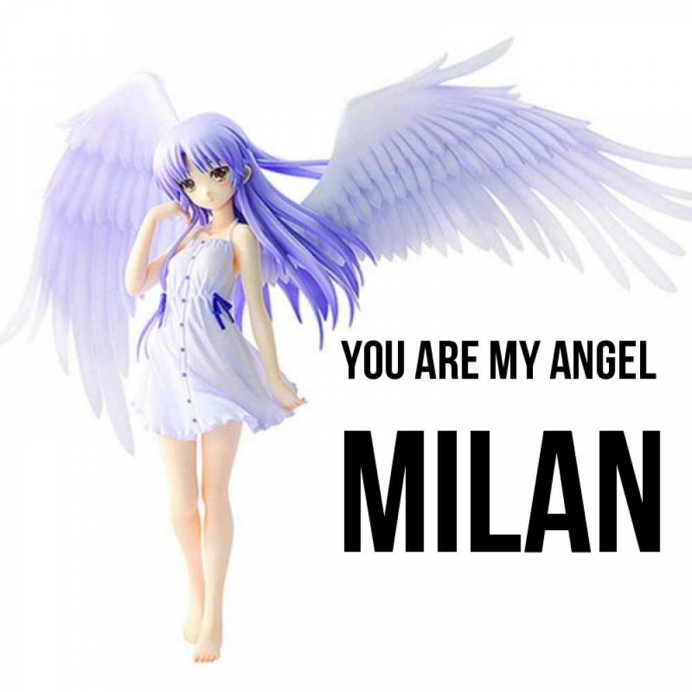 Greetings card с именем, Milan You are my angel девушка ангел с фиолетовыми крыльями Greetings with text for free download 
