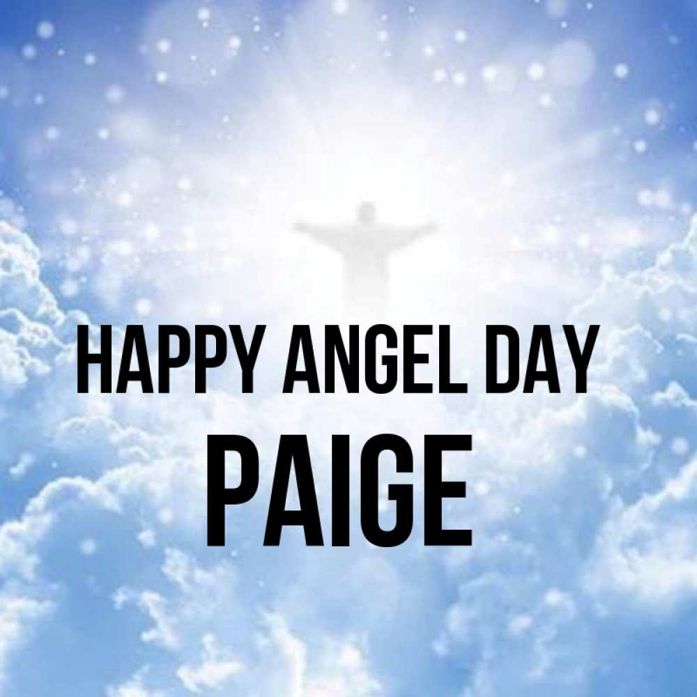 Greetings card с именем, Paige happy angel day ангел на облаках в свете солнца Greetings with text for free download 
