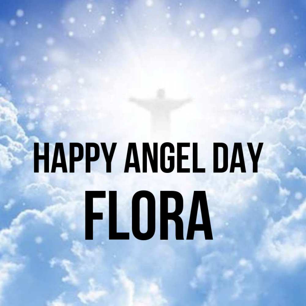 Greetings card с именем, Flora happy angel day ангел на облаках в свете солнца Greetings with text for free download 