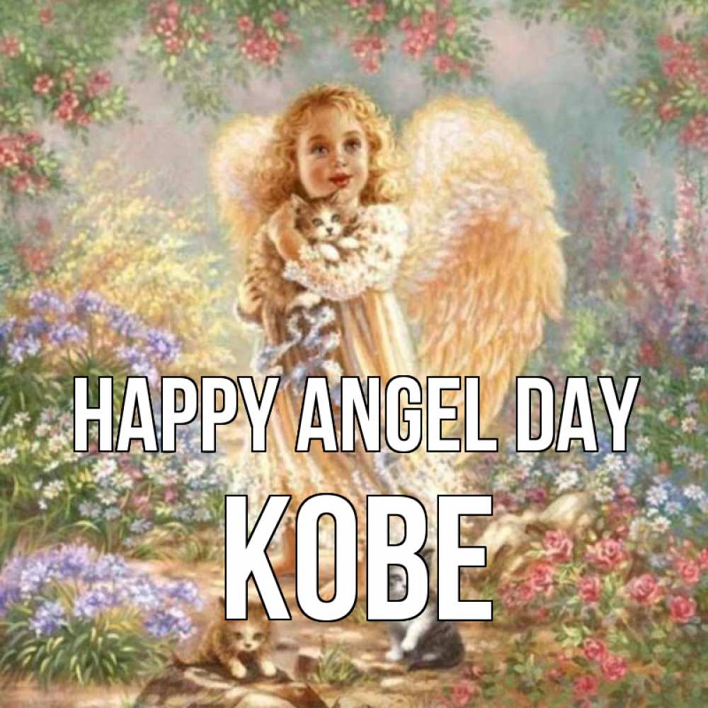 Greetings card с именем, Kobe happy angel day держит котенка Greetings with text for free download 