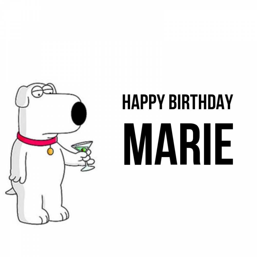 Greetings card с именем, Marie Happy Birthday песик с оливками Greetings with text for free download 