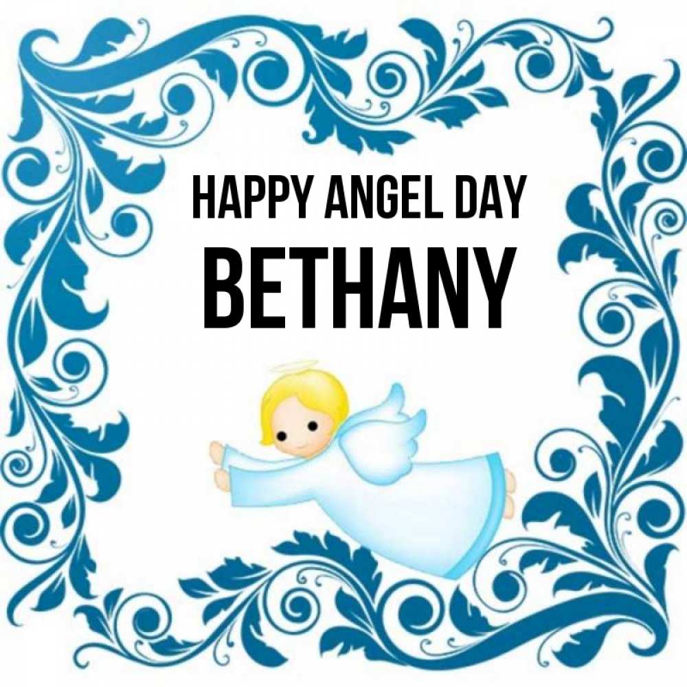 Greetings card с именем, Bethany happy angel day девочка ангел и синяя рамка Greetings with text for free download 