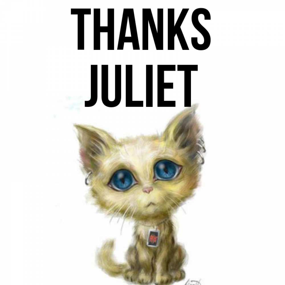 Greetings card с именем, Juliet Thanks рисованный кот благодарит вас Greetings with text for free download 