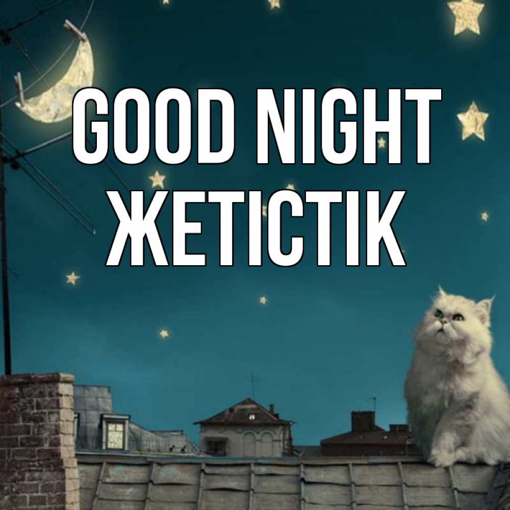 Greetings card с именем, Жетістік Good night белый кот сидит на крыше Greetings with text for free download 