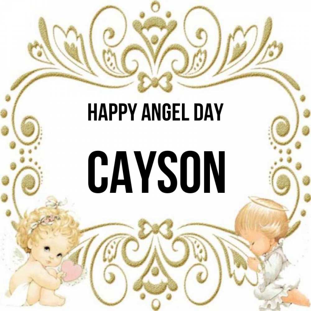 Greetings card с именем, Cayson happy angel day с именинами поздравляют два красивых ангела. Один с сердечком другой молится Greetings with text for free download 