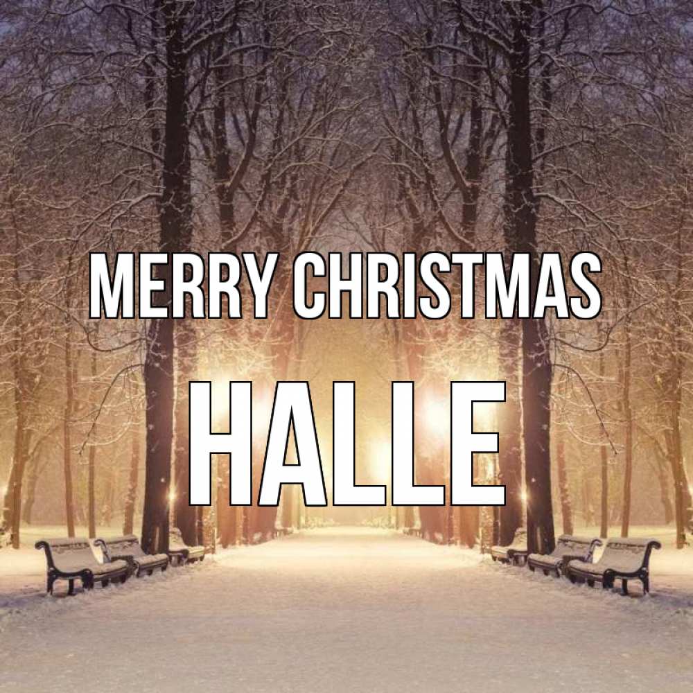 Greetings card с именем, Halle Merry Christmas зима, парк, фонарь, лес Greetings with text for free download 
