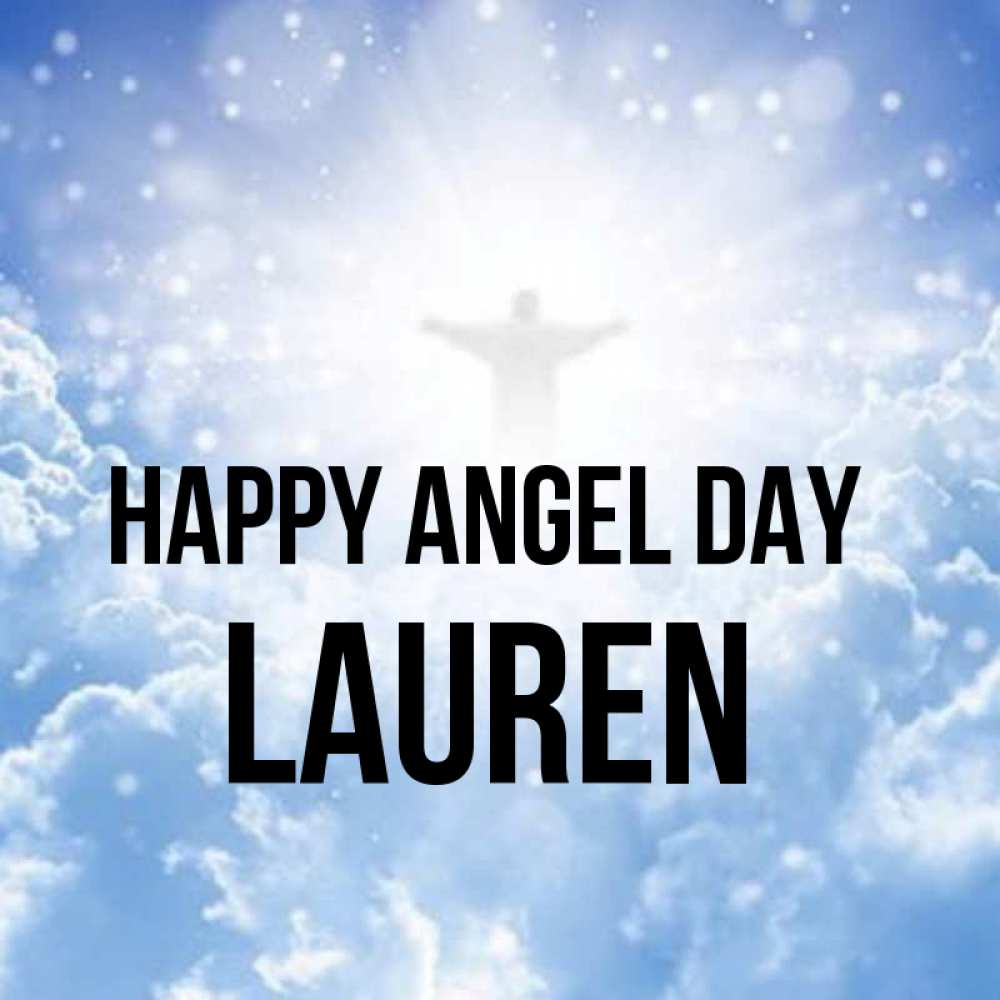 Greetings card с именем, Lauren happy angel day ангел на облаках в свете солнца Greetings with text for free download 