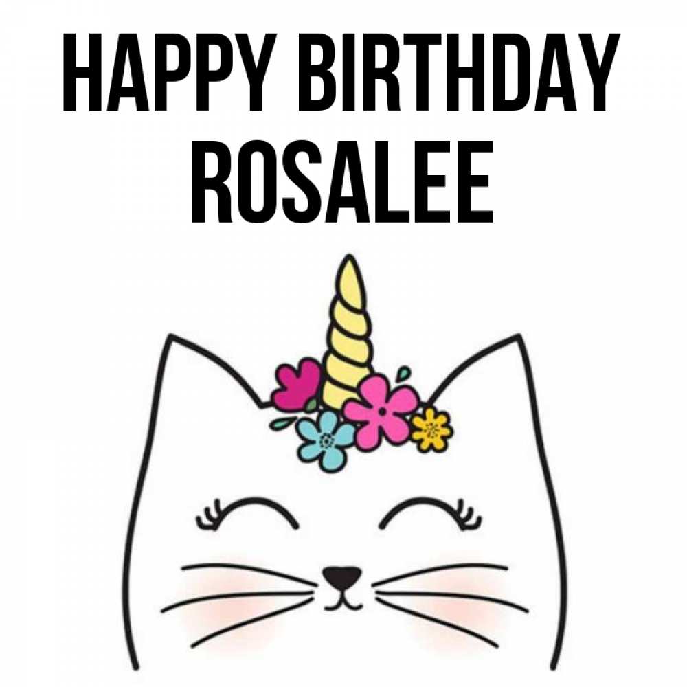 Greetings card с именем, Rosalee Happy Birthday милый кот с одним рожком Greetings with text for free download 