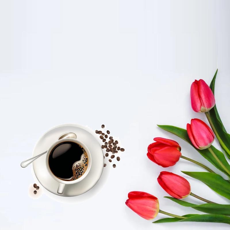 Открытка тюльпаны и кофе  красное блюдце  Good morning 