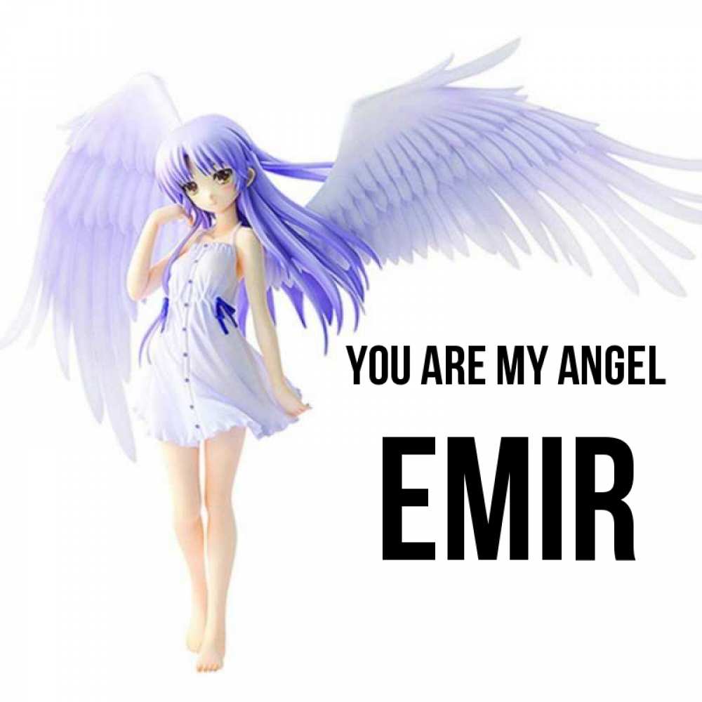 Greetings card с именем, Emir You are my angel девушка ангел с фиолетовыми крыльями Greetings with text for free download 