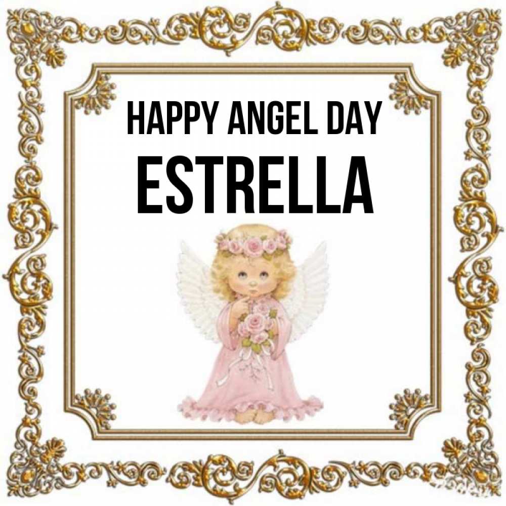 Greetings card с именем, Estrella happy angel day девочка ангел с крыльями и цветами в розовом платье Greetings with text for free download 