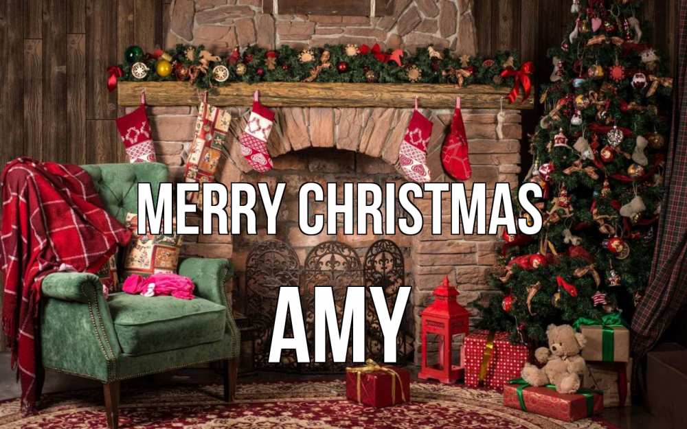 Greetings card с именем, Amy Merry Christmas рождество, камин, ель Greetings with text for free download 