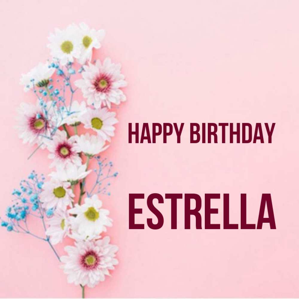 Greetings card с именем, Estrella Happy Birthday Родная моя с днем рождения тебя картинка с цветами белыми и голубыми Greetings with text for free download 