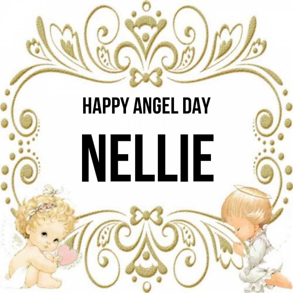 Greetings card с именем, Nellie happy angel day с именинами поздравляют два красивых ангела. Один с сердечком другой молится Greetings with text for free download 