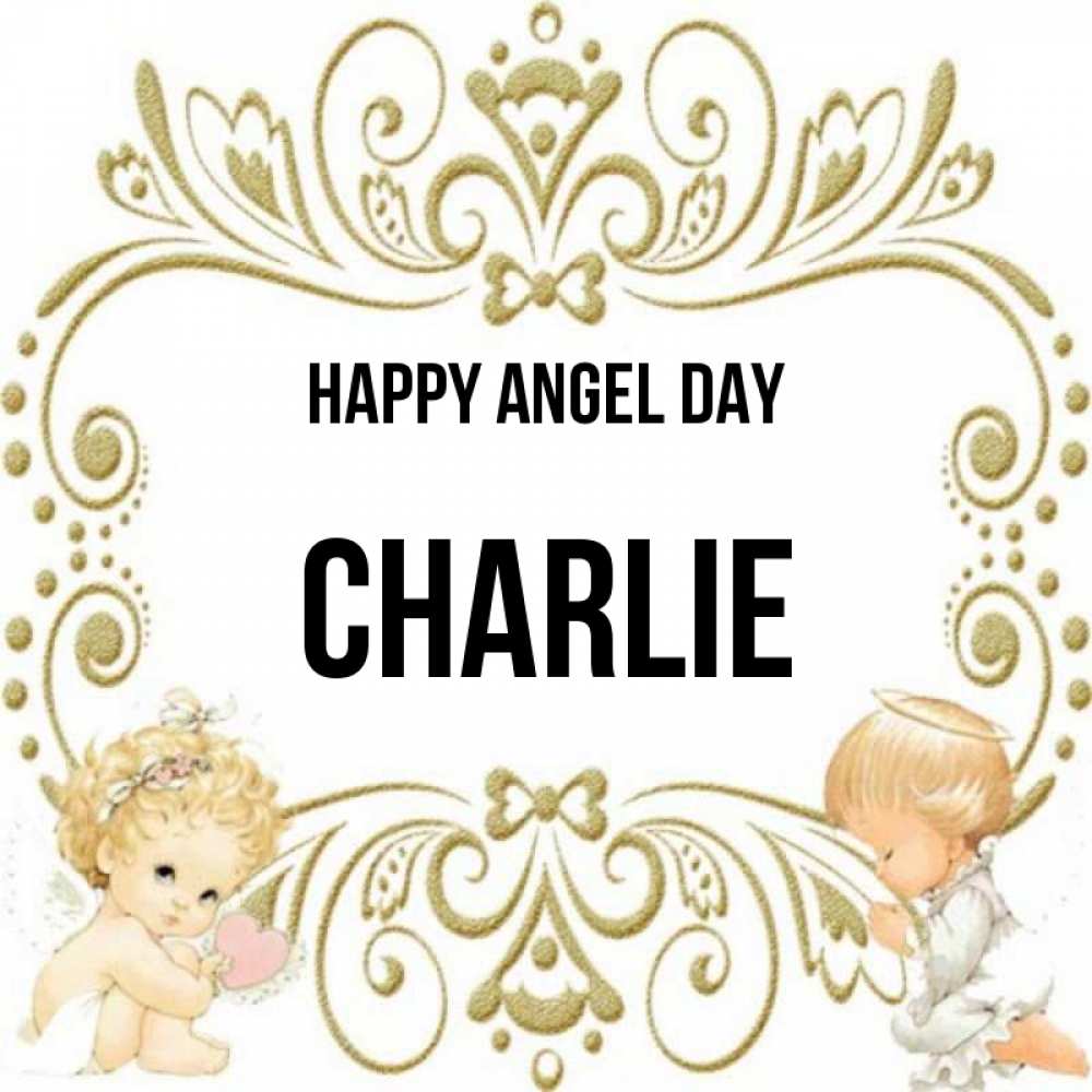 Greetings card с именем, Charlie happy angel day с именинами поздравляют два красивых ангела. Один с сердечком другой молится Greetings with text for free download 