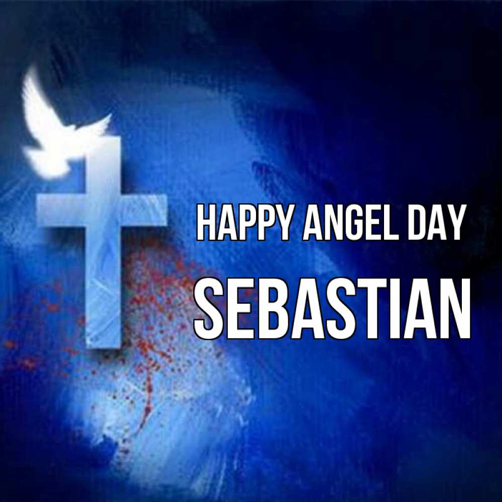 Greetings card с именем, Sebastian happy angel day Синий фон и птица Greetings with text for free download 