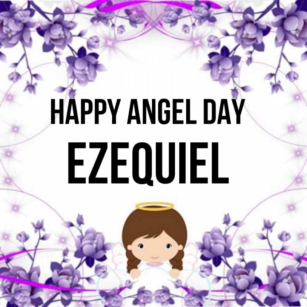 Greetings card с именем, Ezequiel happy angel day с именинами в рамочке Greetings with text for free download 