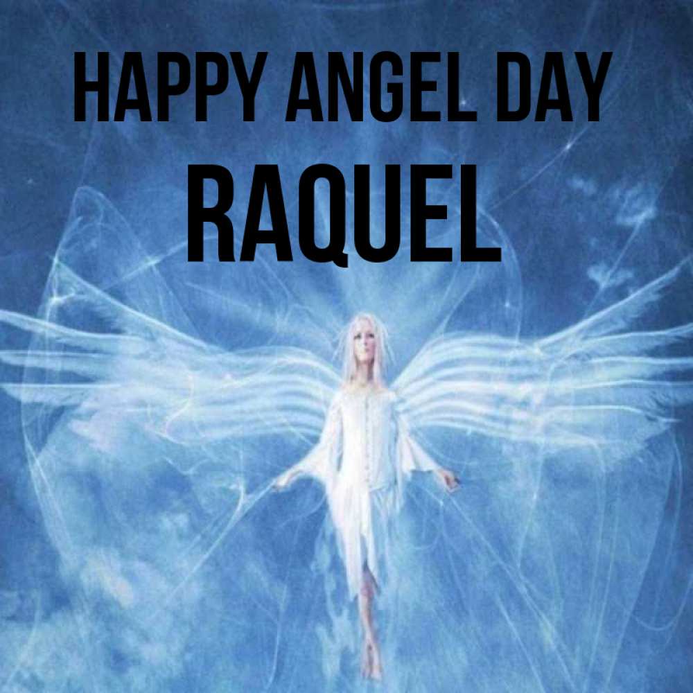 Greetings card с именем, Raquel happy angel day голубой фон и крылья как у стрекозы Greetings with text for free download 