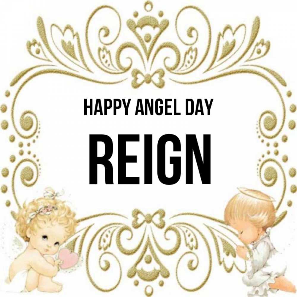 Greetings card с именем, Reign happy angel day с именинами поздравляют два красивых ангела. Один с сердечком другой молится Greetings with text for free download 