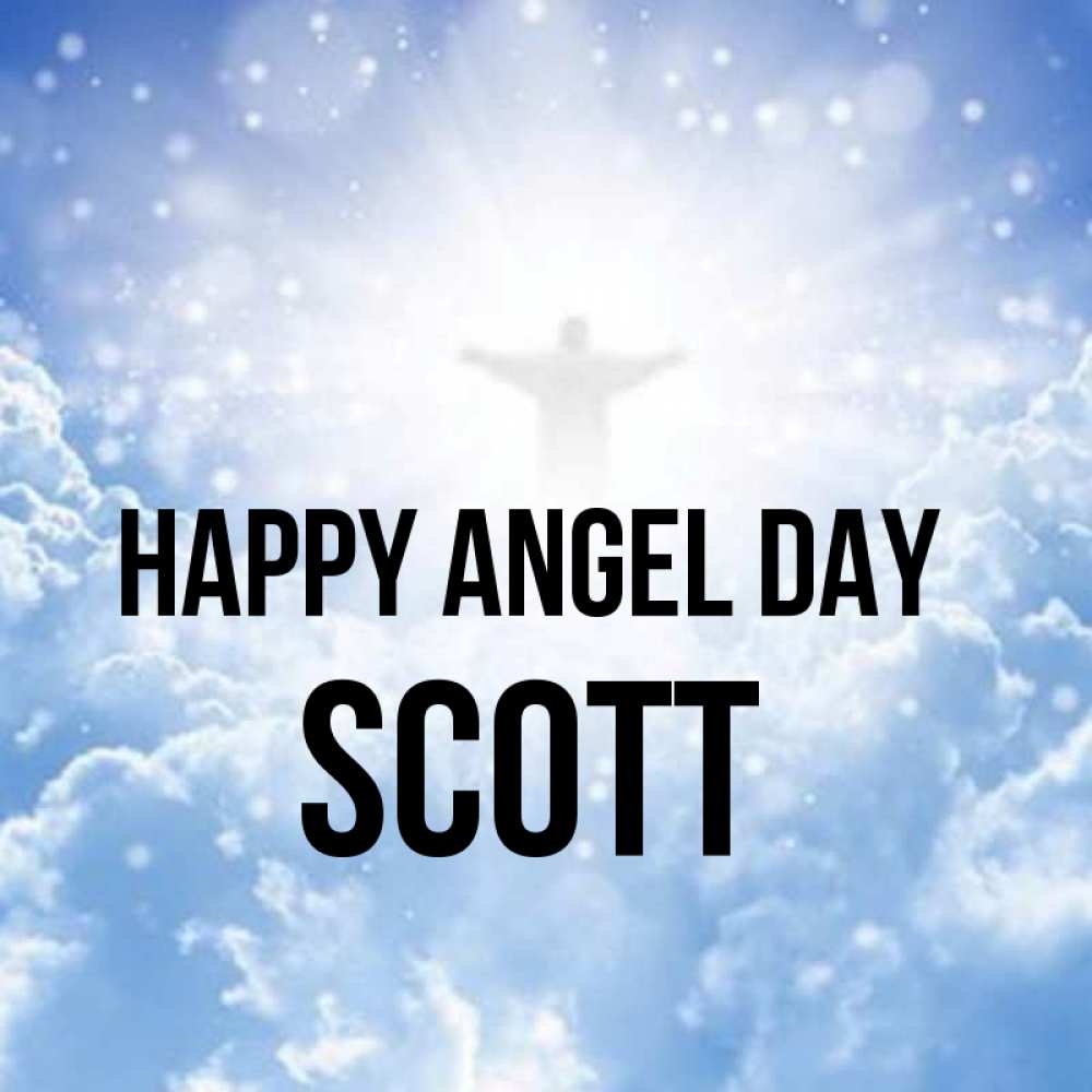 Greetings card с именем, Scott happy angel day ангел на облаках в свете солнца Greetings with text for free download 