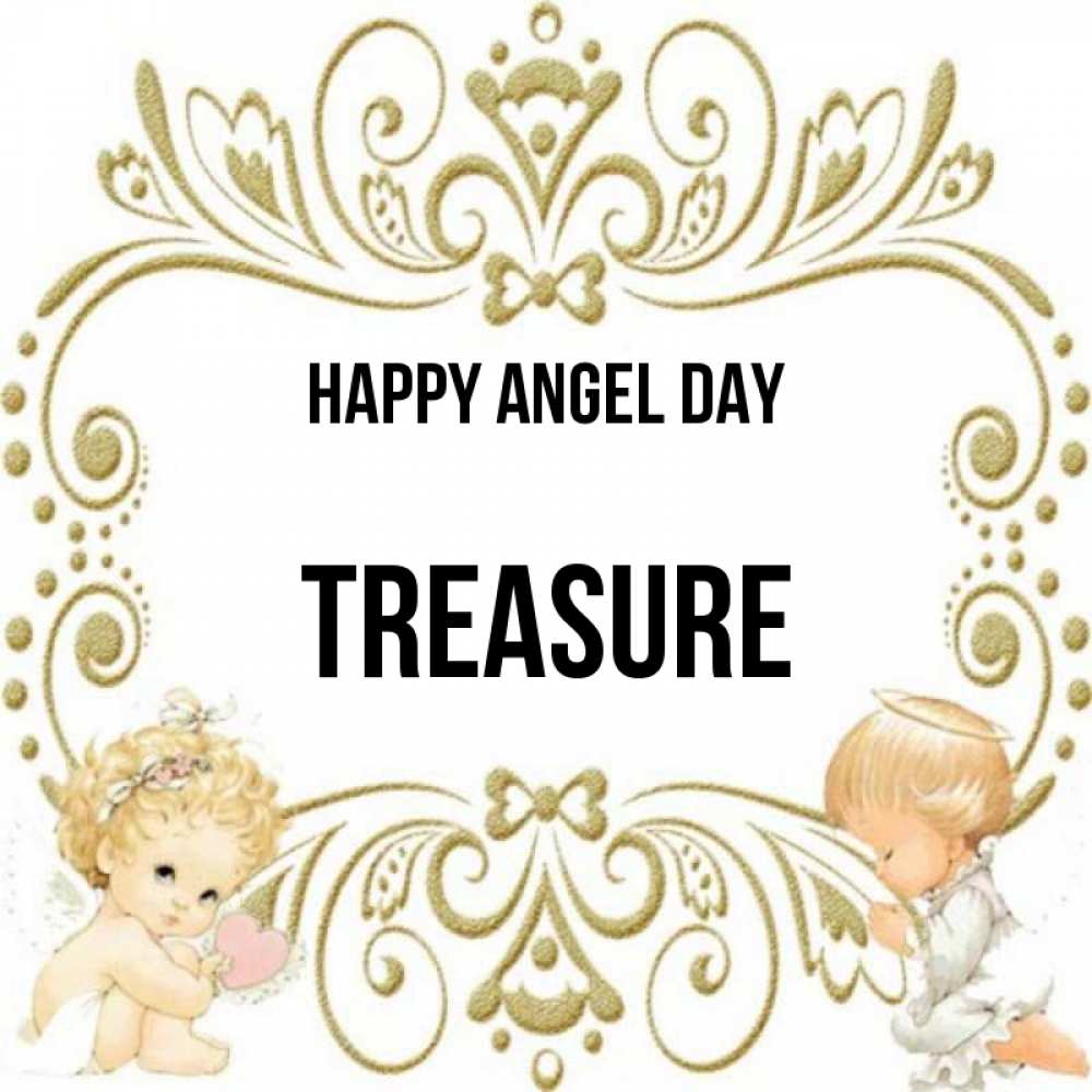 Greetings card с именем, Treasure happy angel day с именинами поздравляют два красивых ангела. Один с сердечком другой молится Greetings with text for free download 