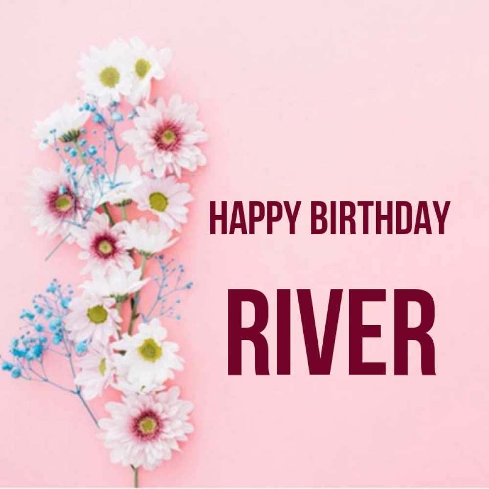 Greetings card с именем, River Happy Birthday Родная моя с днем рождения тебя картинка с цветами белыми и голубыми Greetings with text for free download 