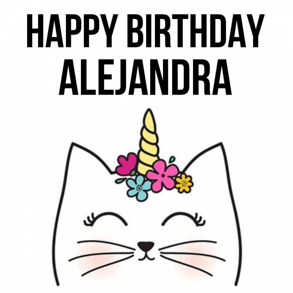 Greetings card с именем, Alejandra Happy Birthday милый кот с одним рожком Greetings with text for free download 