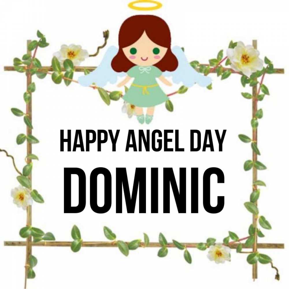 Greetings card с именем, Dominic happy angel day Ангел с нимбом Greetings with text for free download 