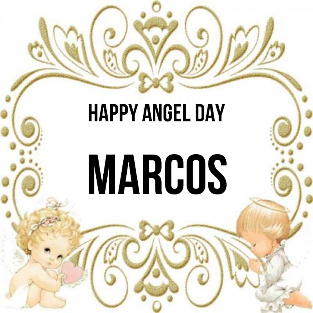 Greetings card с именем, Marcos happy angel day с именинами поздравляют два красивых ангела. Один с сердечком другой молится Greetings with text for free download 