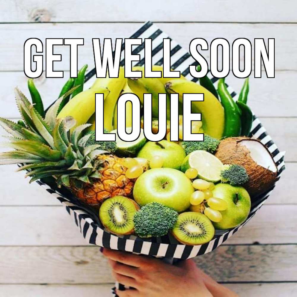 Greetings card с именем, Louie Get well soon киви ананас кокос и бананы Greetings with text for free download 