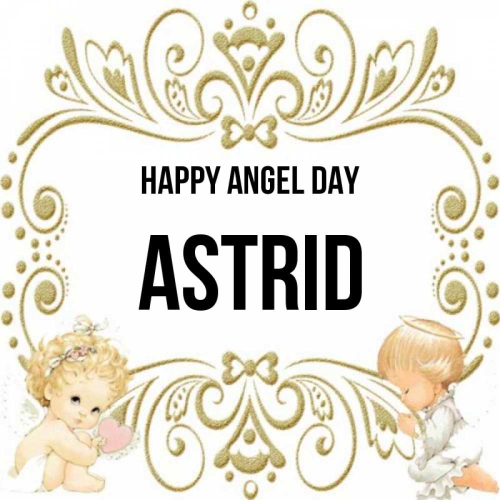 Greetings card с именем, Astrid happy angel day с именинами поздравляют два красивых ангела. Один с сердечком другой молится Greetings with text for free download 