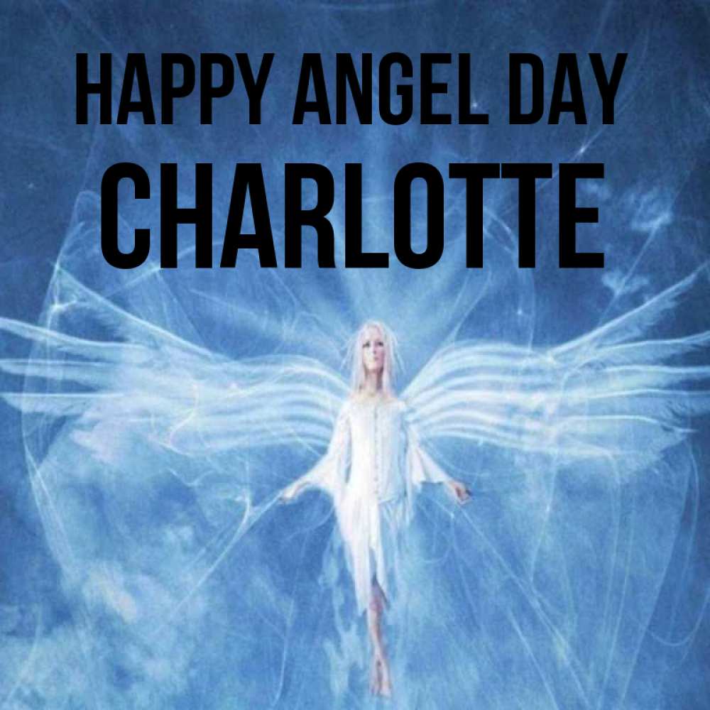 Greetings card с именем, Charlotte happy angel day голубой фон и крылья как у стрекозы Greetings with text for free download 