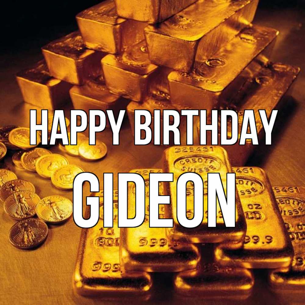 Greetings card с именем, Gideon Happy Birthday со слитками золота и золотыми монетами Greetings with text for free download 